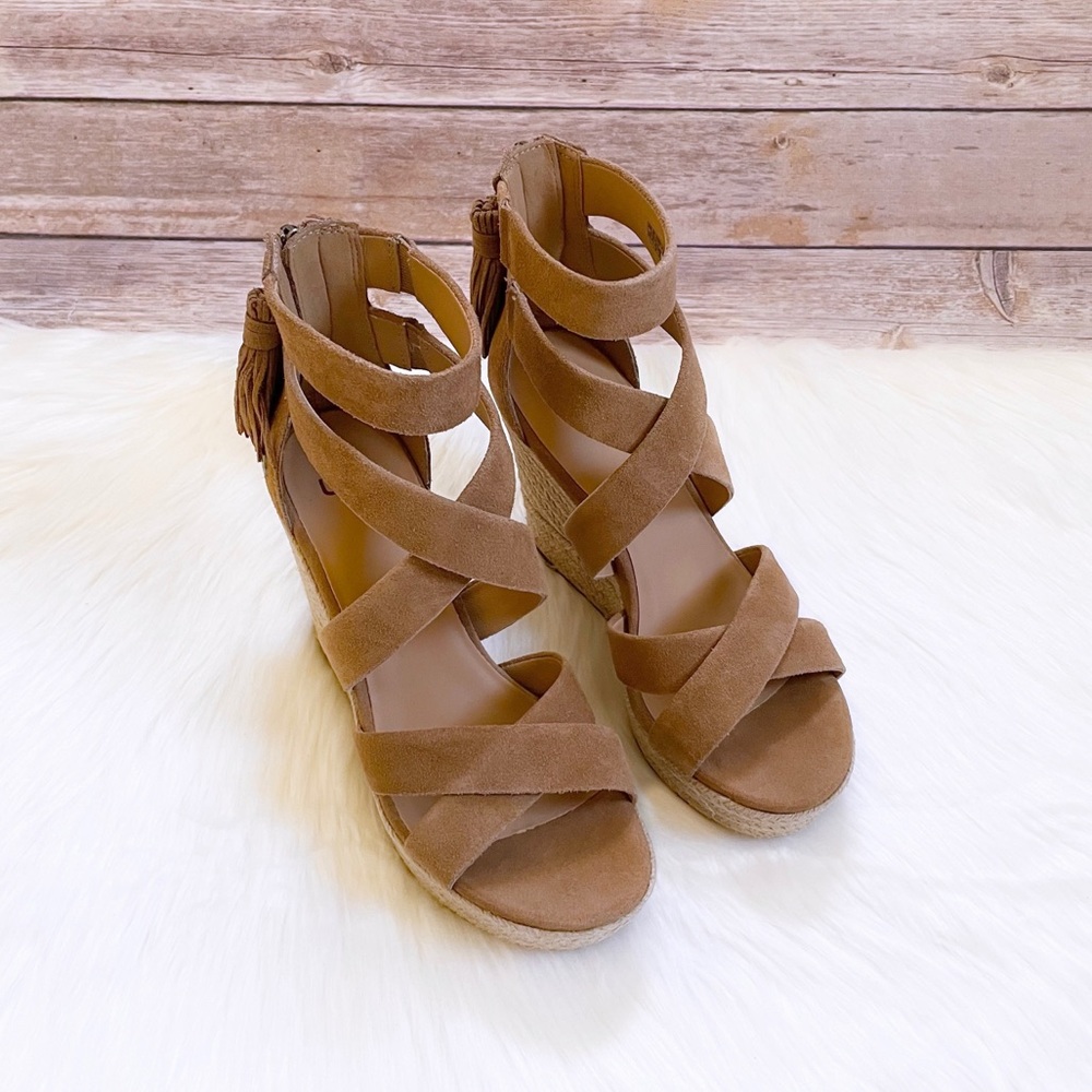 UGG Tan Suede Espadrille Wedge Sandals with Tassel - Picture 3 of 8